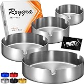 roygra 4PCS Ash Tray, Outdoor Ashtray for Outside Patio with 3 Holders | Classic Stainless Steel, Portable Indoor Ashtrays for Cigarettes, Smoking Accessories, Home Table Decor, Gifts for Smokers
