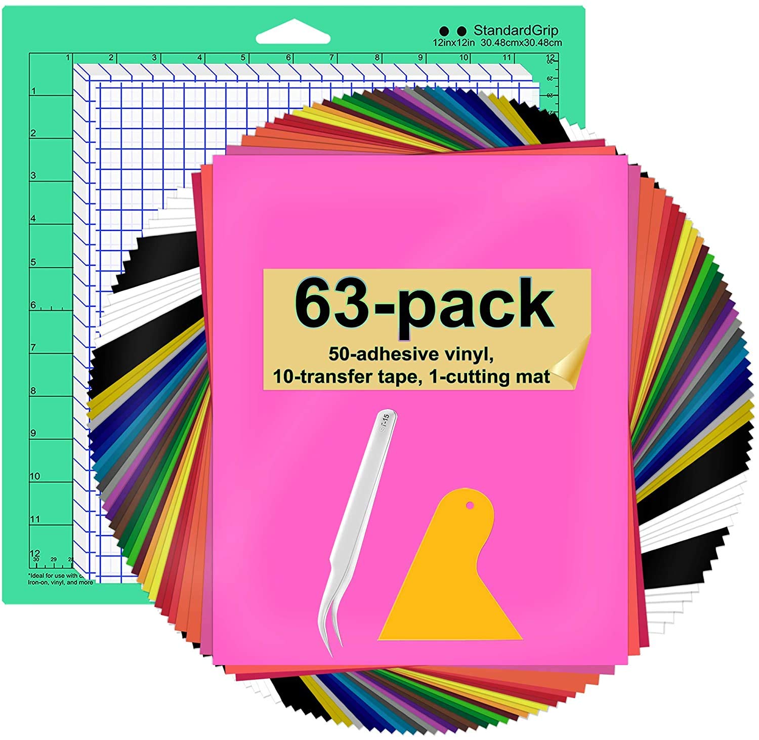 Permanent Adhesive Backed Vinyl Sheets, 50 Sheets 12" x 10" Assorted Colors Permanent Vinyl Sheets (Matte & Glossy) with 10 Sheets Transfer Tapes +1 Scraper for Cricut Silhouette and Other Cutters