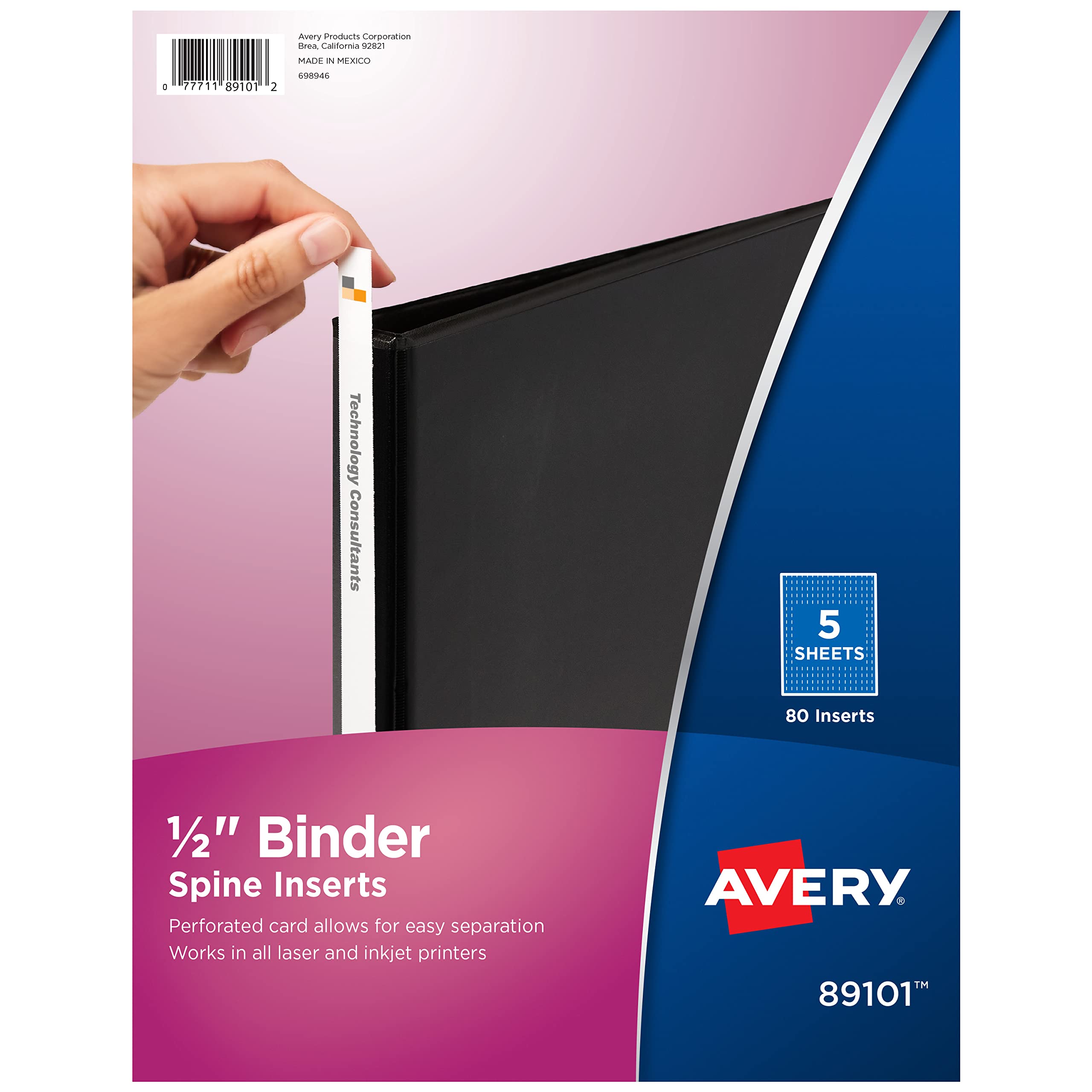 Avery Binder Spine Inserts, for 1/2 Inch Ring Binders with 0.7" Spine Width, 80 Cardstock View Binder Spine ID Inserts (89101)