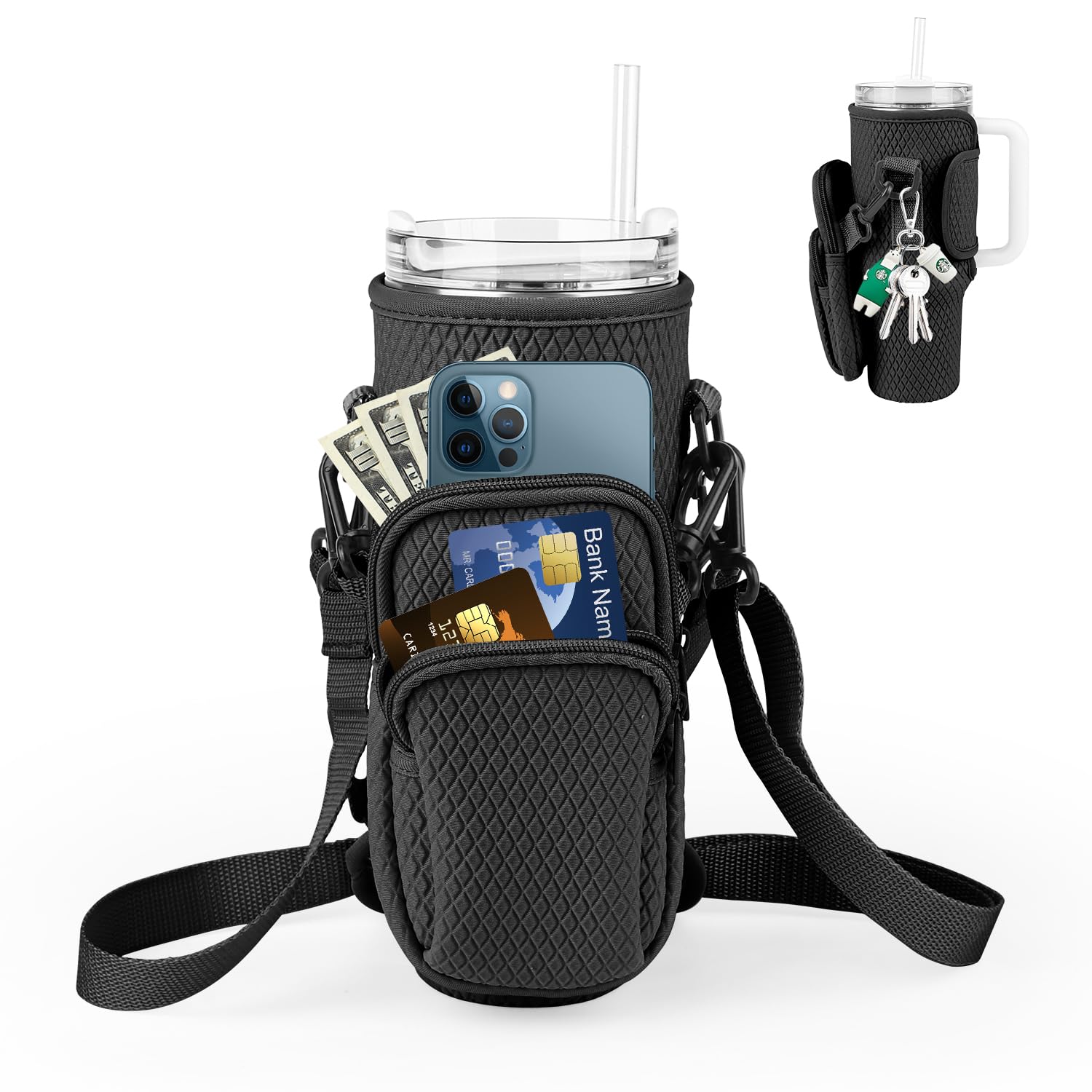 Tyasoleil Water Bottle Carrier Bag for Stanley 40oz Tumbler, Water Bottle Holder with Phone Pocket And Adjustable Strap, Stanley Cup Accessories