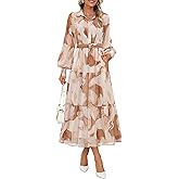 ZESICA Women's Spring Floral Long Sleeve Maxi Dresses 2026 Casual Button Belted Chiffon Boho Wedding Guest Party Dress