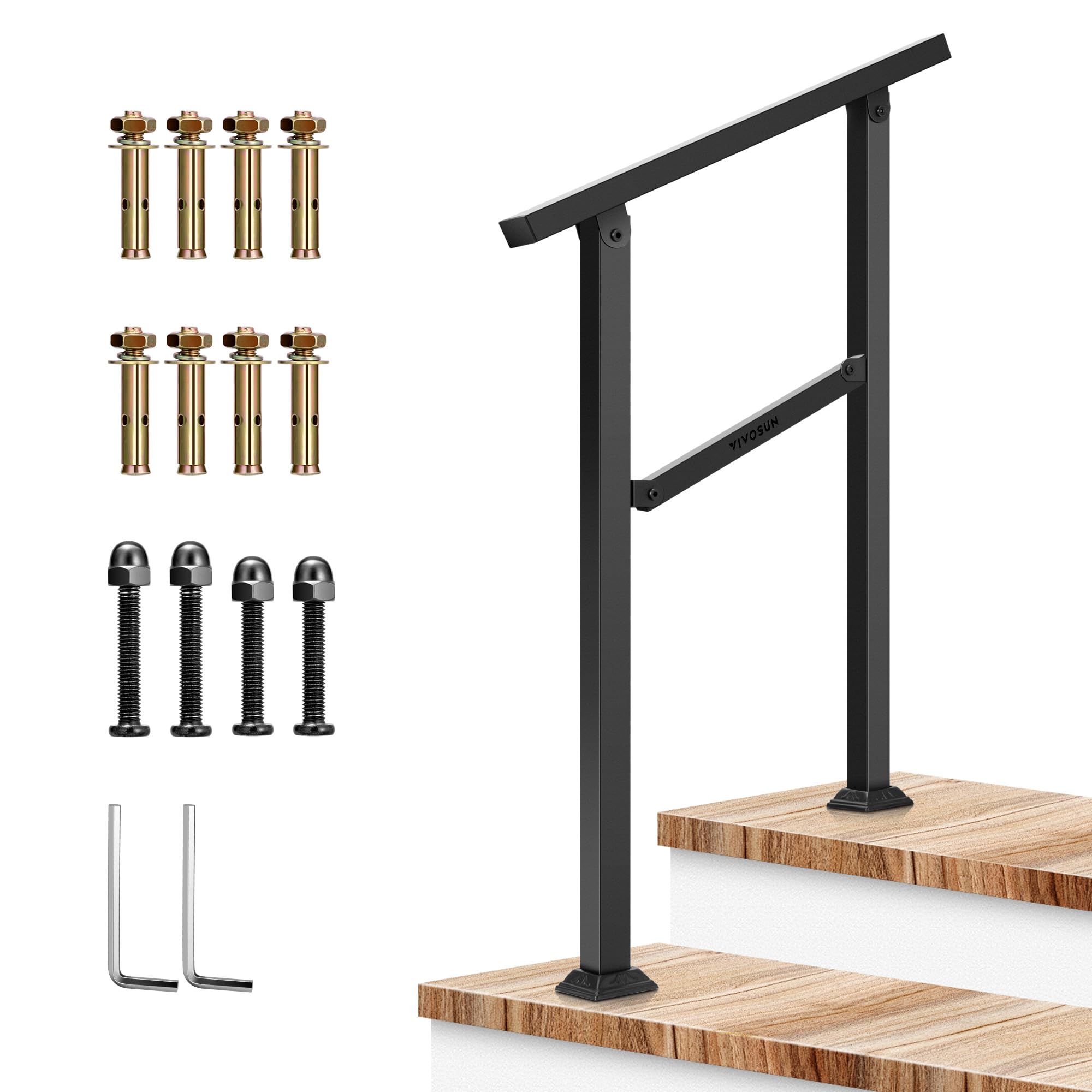Photo 1 of VIVOSUN Outdoor Handrail, 2 Step Stair Handrail, 26" × 36" Fits 1 to 2 Steps, Wrought Mattle Iron Handrail for Concrete Steps, Porch Steps, One-Step Assembly, Black
