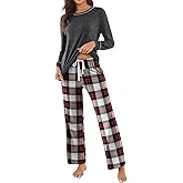 Ekouaer Womens 2 Piece Pajama Set Long Sleeve PJs with Plaid Pants Drawstring Elastic Waist Sleepwear Lounge Set