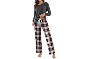Ekouaer Womens 2 Piece Pajama Set Long Sleeve PJs with Plaid Pants Drawstring Elastic Waist Sleepwear Lounge Set