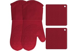 HOMWE Silicone Oven Mitts and Pot Holders, 4-Piece Set, Heavy Duty Cooking Gloves, Kitchen Counter Safe Trivet Mats, Advanced Heat Resistance, Non-Slip Textured Grip (Red)