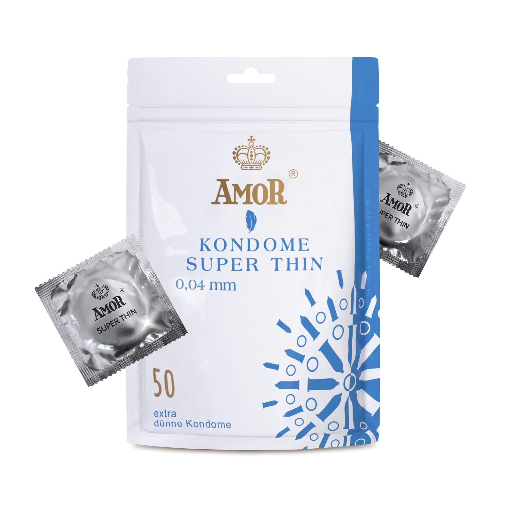 AMOR Premium Condoms Super Thin, Extra Thin Wall Thickness 0.04 mm, Ø 53 mm, Pack of 50