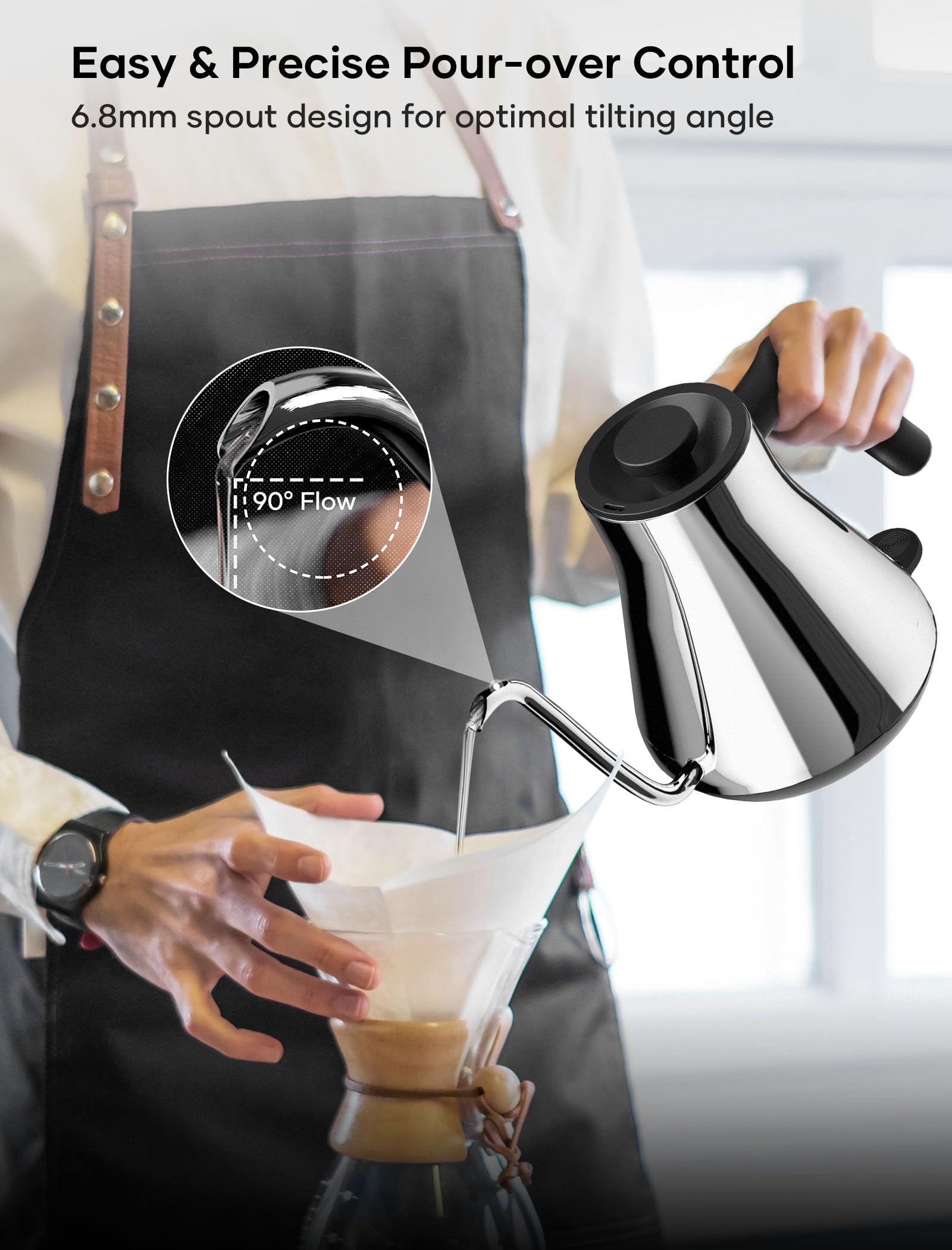 Gooseneck Electric Kettle, Offacy Gooseneck Kettle with 100% Food Grade 304 Stainless Steel, Pour Over Kettle & Coffee Kettle, Tea Kettle 1200 Watt Quick Heating, 0.9L, Siver - Image 4