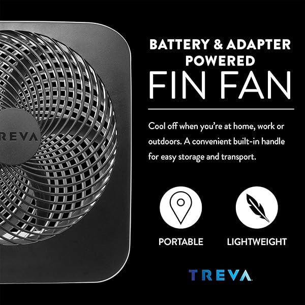 TREVA 10-INCH PORTABLE FAN, POWERED BY BATTERY AND/OR AC ADAPTER – DESK FAN AIR CIRCULATING WITH 2 COOLING SPEEDS FOR PERSONAL AND TRAVEL USE (BLACK) (OOS)
