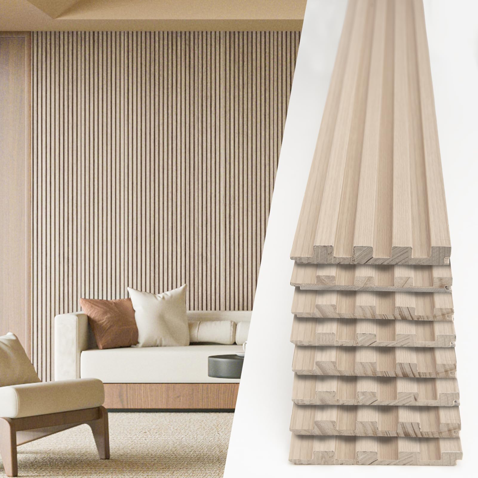 Photo 1 of Art3d Slat Wood Wall Paneling - 108 x 5.7 x 0.7in, Pack of 8pcs + 1pc End-Trim for Interior and Ceiling Decor, Ashtree