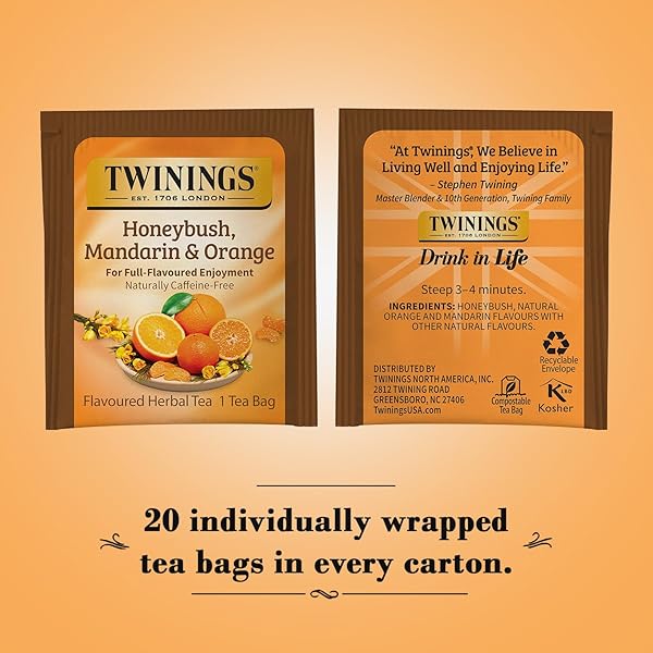 TWININGS HONEYBUSH MANDARIN & ORANGE HERBAL TEA – NATURALLY CAFFEINE-FREE TEA BAGS INDIVIDUALLY WRAPPED, 20 COUNT