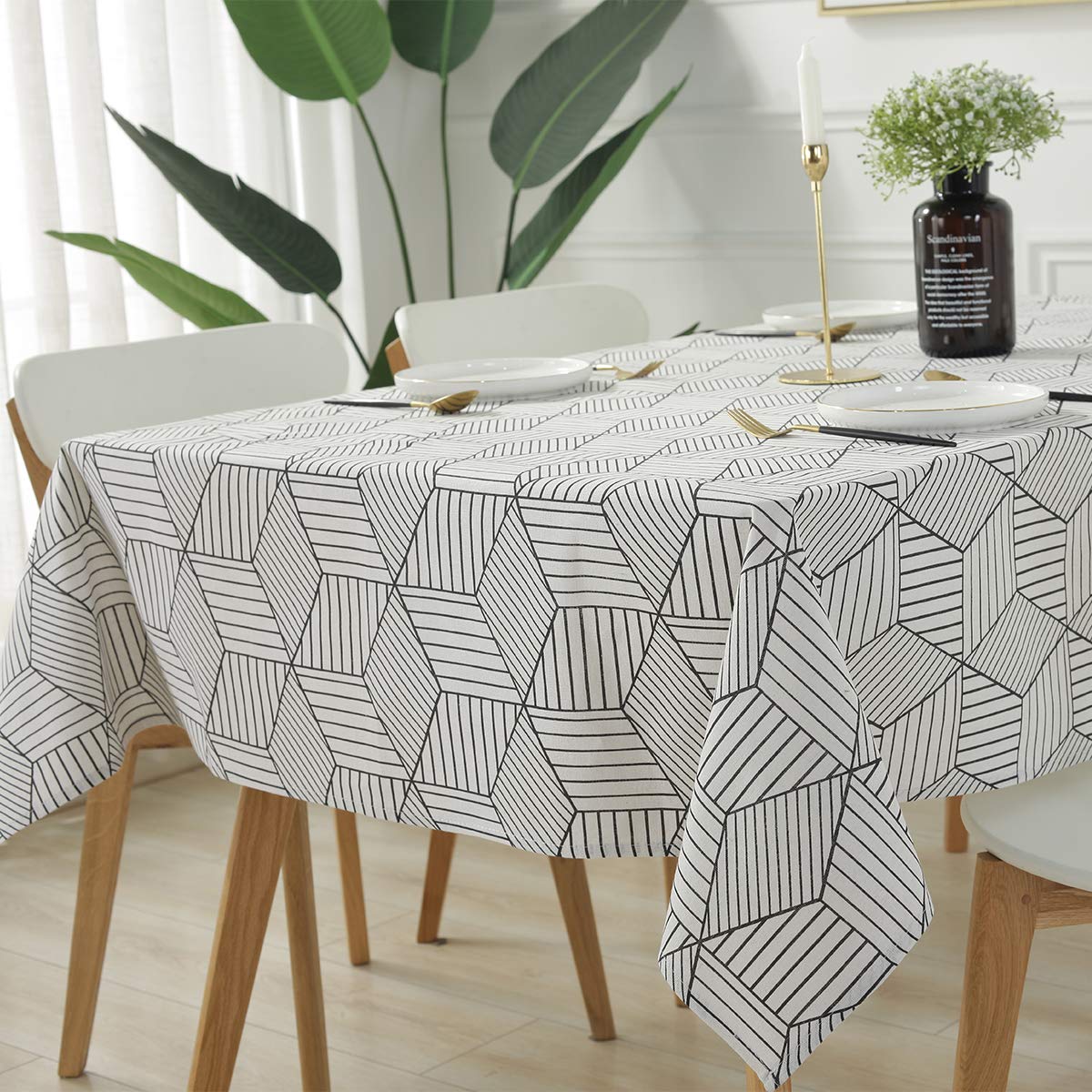 Rectangle Tablecloth Geometric Style- Cotton Linen Table Cloth Dust-Proof Table Cover for Kitchen Dinning Tabletop Decoration (Rectangle/Oblong, 130 x 180(4-6 Seats), White) — image 1