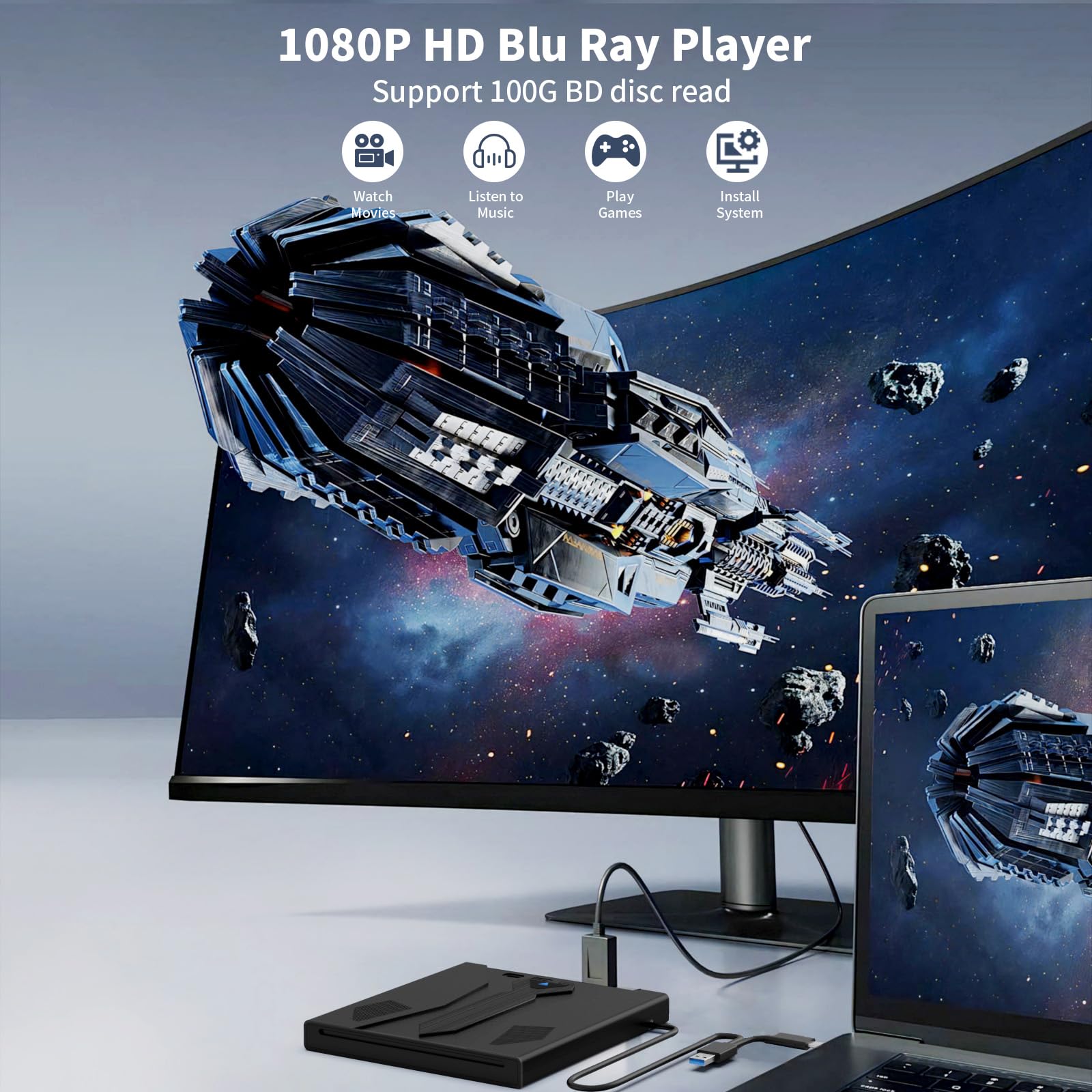 8 in 1 External Blu Ray Drive, Support 100G Disc USB 3.0 and Type-C Blu Ray Burner Portable Blu Ray DVD/CD/BD Player, 3D Optical Bluray Drive Compatible with Windows Macos for MacBook Laptop Desktop
