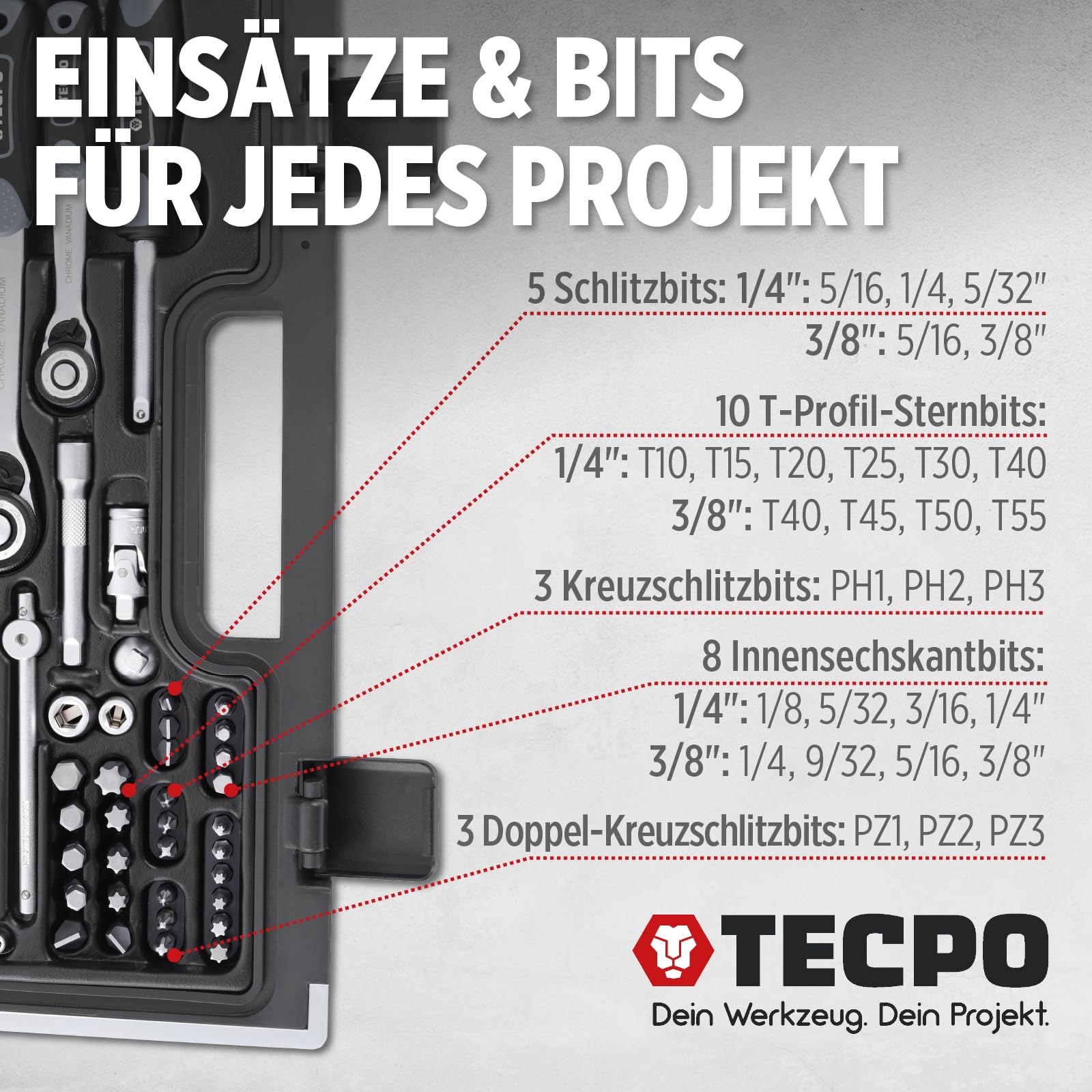 TECPO Zoll Steckschlüssel Satz 92-teilig Werkzeugkoffer mit Ringschlüssel und Maulschlüssel, Ratsche mit Nuss-Set Verlängerung Adapter, Innensechskant-Schlüssel, Ratschenkasten, Zöllig, Knarrenkasten 8