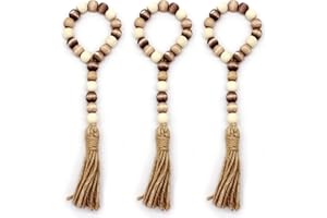 CVHOMEDECO. Wood Bead Garland with Tassels 3 PCS Farmhouse Rustic Wooden Prayer Beads String Wall Hanging Accent for Home Festival Decoration. Mix Distressed