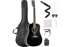 VEVOR Dreadnought Acoustic Guitar, 41 in, 6-String Black Solid Spruce Top Guitar, Beginner Bundle with Gig Bag, Tuner, Strap, Steel Strings, Picks, Capo, Rosewood Fingerboard, for Adult Taller Player