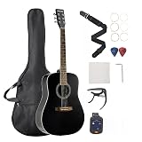 VEVOR Dreadnought Acoustic Guitar, 41 in, 6-String Black Solid Spruce Top Guitar, Beginner Bundle with Gig Bag, Tuner, Strap, Steel Strings, Picks, Capo, Rosewood Fingerboard, for Adult Taller Player