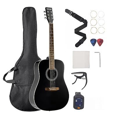 VEVOR Dreadnought Acoustic Guitar, 41 in, 6-String Black Solid Spruce Top Guitar, Beginner Bundle with Gig Bag, Tuner, Strap, Steel Strings, Picks, Capo, Rosewood Fingerboard, for Adult Taller Player