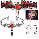 RechicGu 3X Halloween Gothic Vampire Costume Jewelry Set for Women-Victorian Lace Black Choker Necklace,Vampire Bat Teardrop Stone Crown, Blood Face Sticker,Black Set