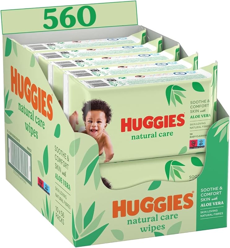 lingettes pour bébé Natural Care, 10 paquets de 56 lingettes, fibres absorbantes naturelles, hypoallergéniques, sans alcool, à l'aloé vera, évite les irritations