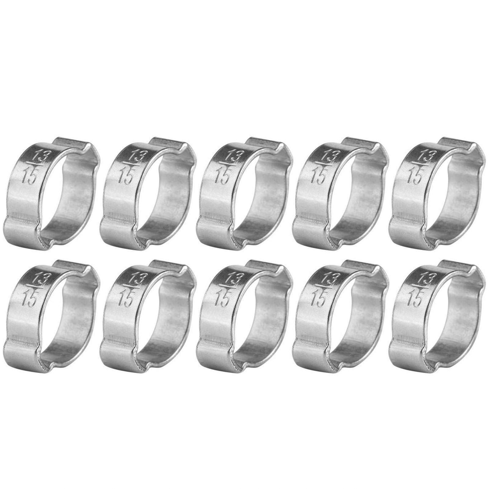 2-Ear Hose Clamps, Akozon Two-Ear Hose Drive Clamp Tube Clip 10pcs Hose Clamp Stainless Steel Two-Ear Pipe Clip Hoop Plumbing Fastener Fule Petrol Pipe Tube(13-15MM)