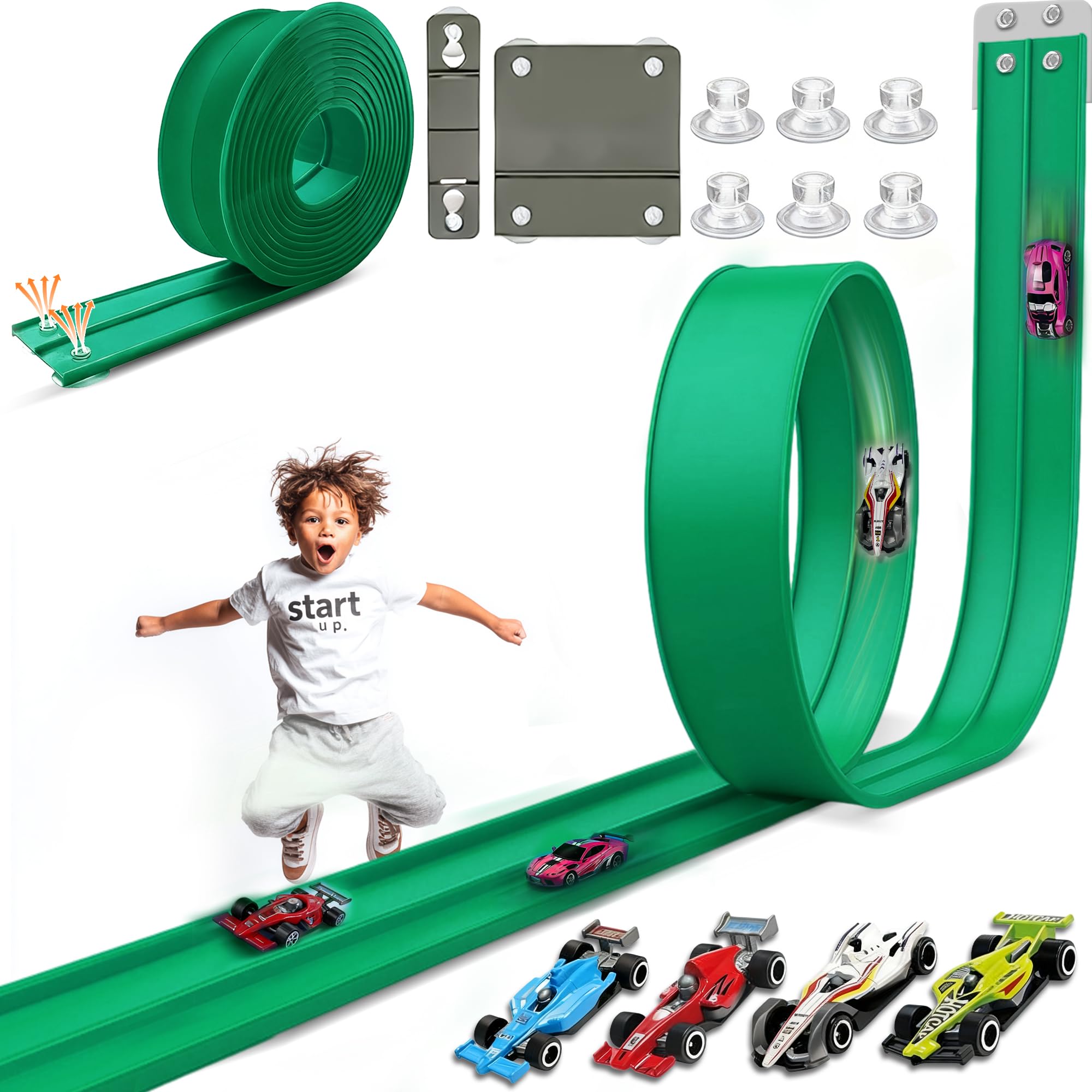 Photo 1 of 15.75 Ft Flex Track for Kids, Flexible Race Track Compatible with Hot Wheels and Diecast 1/64th Cars, Roll-Up Portable Race Car Ramp Track with Suction Cups & Track Anchors & 4 Race Cars, Green