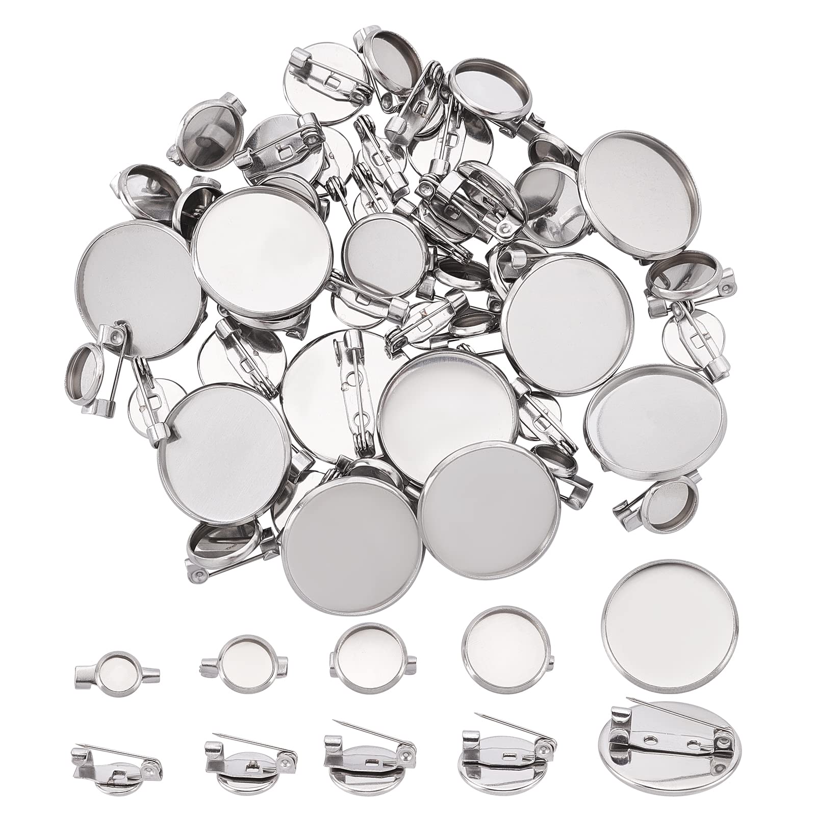 UNICRAFTALE 50pcs 5 Sizes 6/8/10/12/20mm Flat Round Brooch Pin Stainless Steel Brooch Bezel Trays Base Blank Brooch Tray for Jewelry Making, Stainless Steel Color