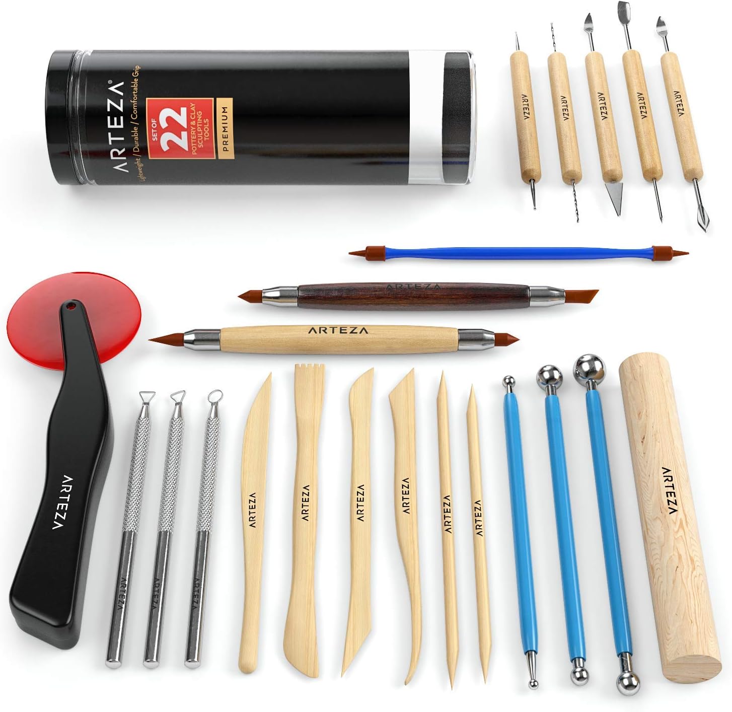 ARTEZA Pottery Tools & Clay Sculpting Tools, Set of 22 Pieces in PET Storage Tube, for Clay, Pottery, Ceramics Artwork & Holiday Crafts