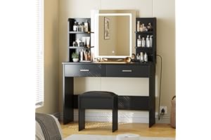 Vanity Desk with Lights and Mirror, Makeup Vanity Table with 3 Lighting Modes, Charging Station, Storage Drawer & Shelves, In