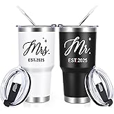 LiqCool Mr & Mrs EST 2025 Tumbler Set - 30oz Black & White Stainless Steel Insulated Mugs - Ideal for Anniversary, Engagement, Wedding Gifts for Couples 2025