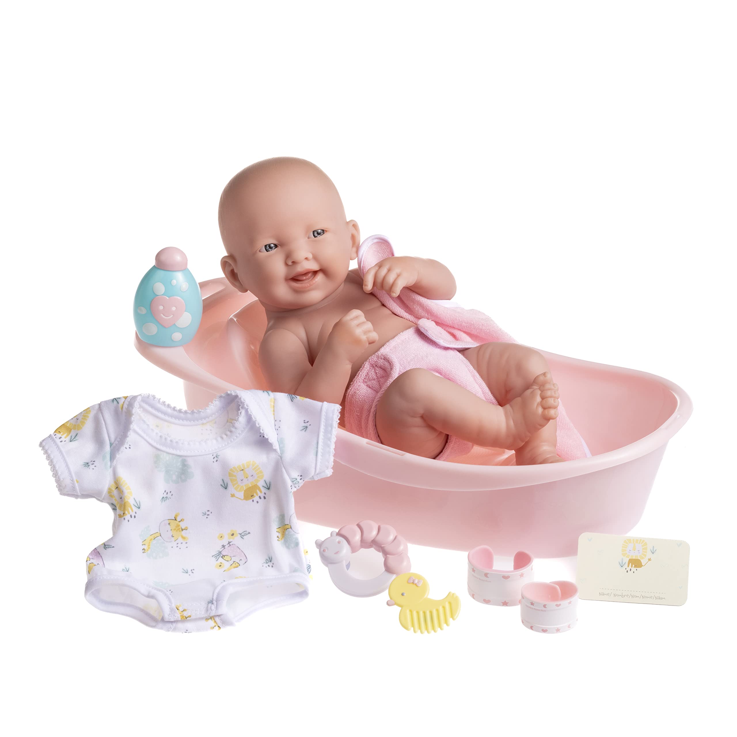 JC Toys 8 piece Layette Deluxe Bathtub Gift Set La Newborn | 14" Life-Like Smiling Vinyl Newborn Doll w/Accessories | Pink | Waterproof |Ages 2+
