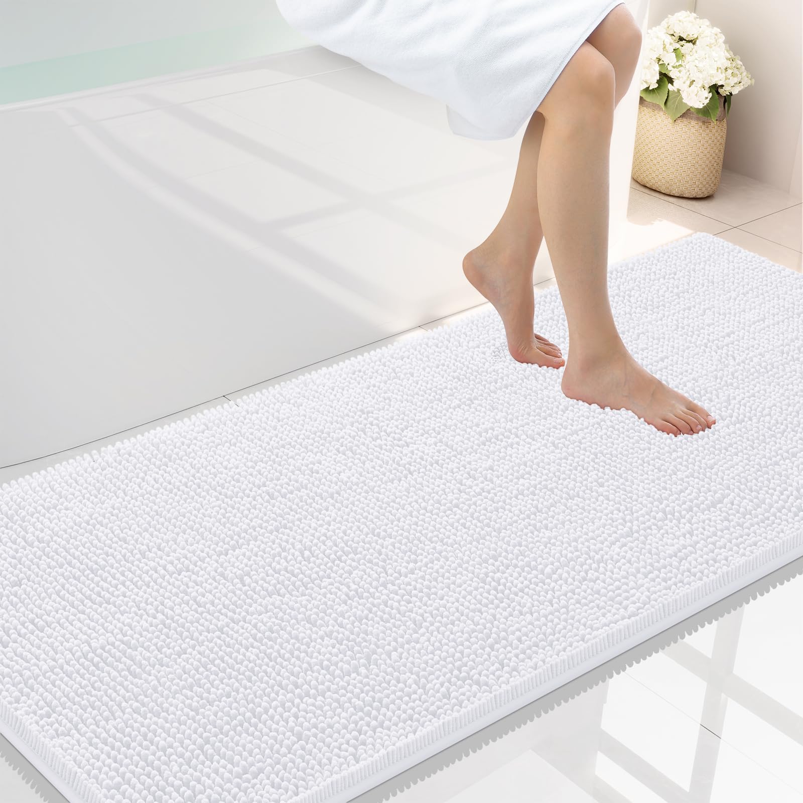 Photo 1 of Smiry Luxury Chenille Bathroom Rugs 59x24, Extra Soft and Absorbent Shaggy Bath Mat, Machine Washable, Non-Slip Plush Carpet Runner for Tub, Shower, and Floor, Home Decor Accessories, White