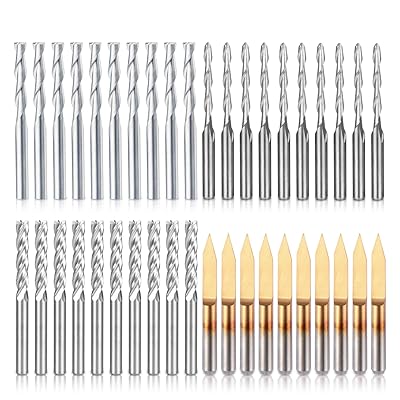 HQMaster End Mill Combination Kit Set CNC Router Bits Cutter Cutting Milling Tool 4 Type Each 10Pcs Including Flat NoseBall Nose End Mill 30&deg; V-shape Engraving Bits and 4 Flutes End Mill