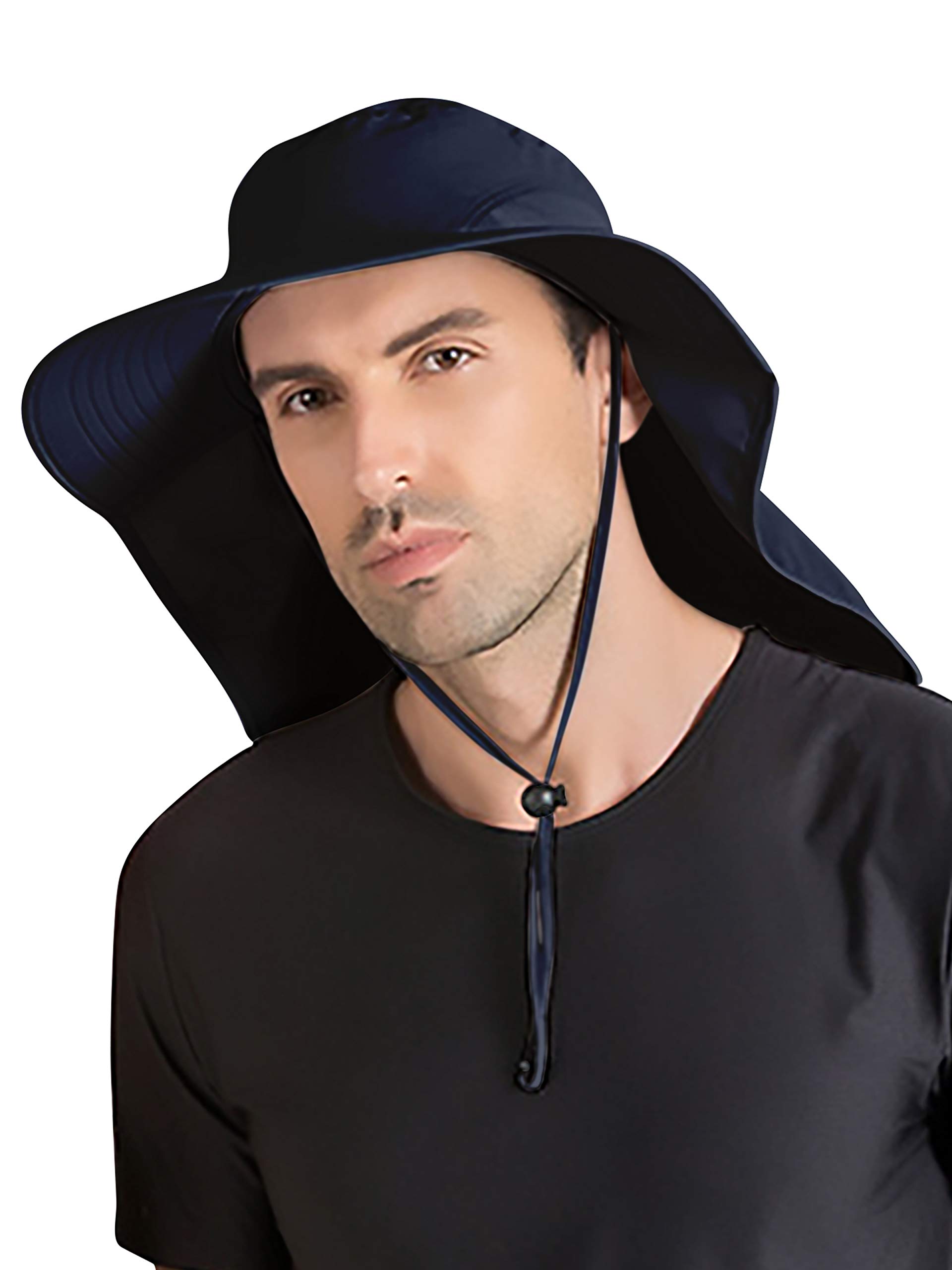 Unisex UV Protection Sun Hat Safari Hat with 33cm Long Neck Protection 12cm Large Brim Hat for Outdoor Fishing Camping Gardening - for Head Circumference 56-60cm Plain Dark Blue
