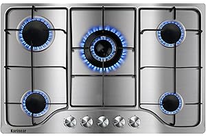 Karinear Gas Stove Cooktop 30 Inch 5 Burners, Built-in Stainless Steel Gas Hob, NG/LPG Dual Fuel Stovetop with Thermocouple Protection for Apartments, Indoor (Come with Pressure Regulator)
