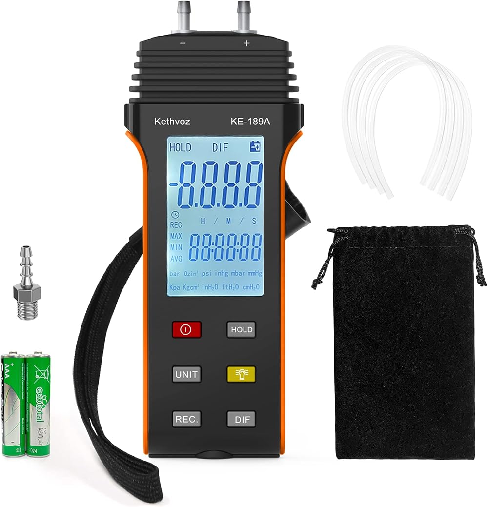 Kethvoz 189A Digital HVAC Manometer Pressure Gauge Monitor ±13.79kPa ±2.000Psi