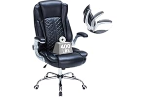 HESL 400lbs Executive Office Chair with Flip-Up Armrests, Big and Tall Computer Chair for Heavy People, Heavy Duty Ergonomic Comfy Chair, Breathable PU Leather (Black)
