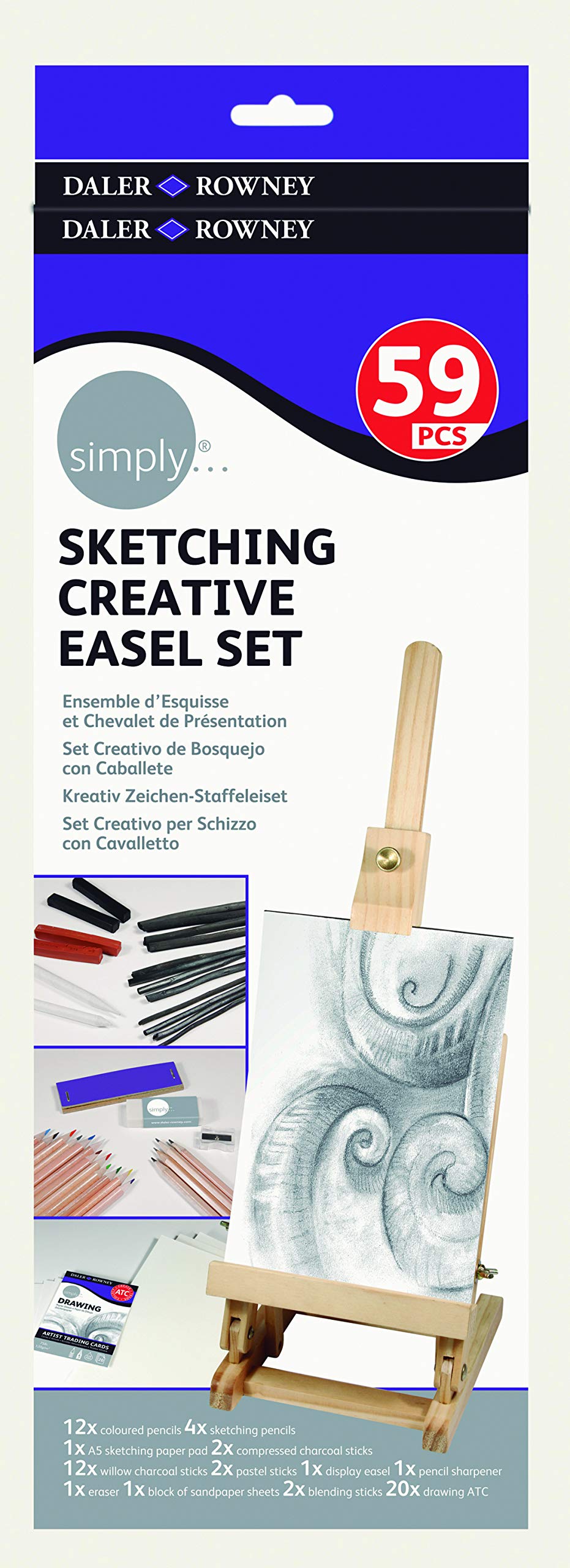 Daler-Rowney Simply Colouring Pencils, Cardboard Box, Sketching Creative Easel Set, 59pcs