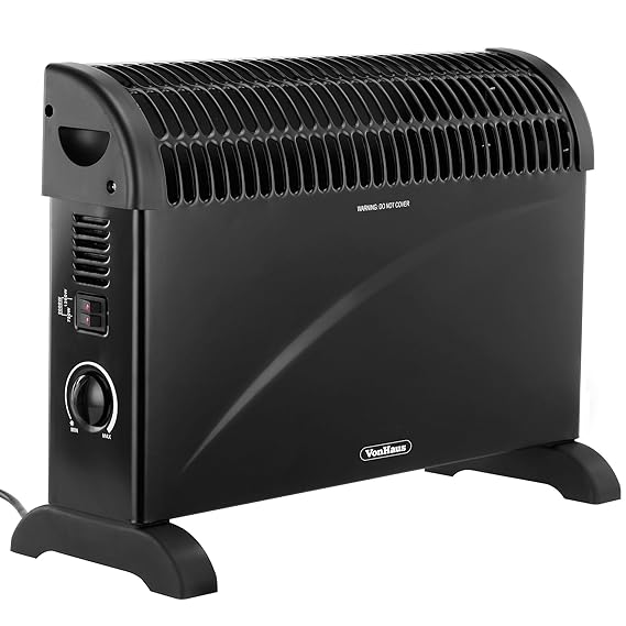VonHaus 2000W Konvektor Heizung mit 3 Heizstufen und regelbarem Thermostat – Elektrisches Heizgerät - Schwarz