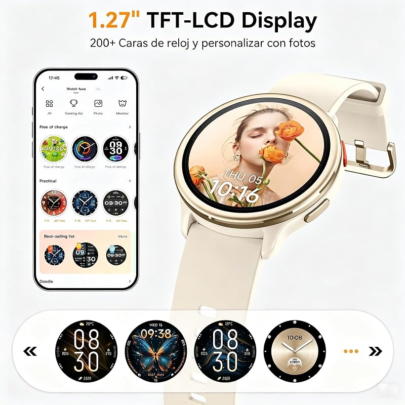 Relógio inteligente feminino, smartwatch redondo de 1,27" para iPhone/Samsung/Android, 2 alças e 120+ modos desportivos, monitor de sono com funções de saúde e fitness 3ATM à prova de água, cáqui