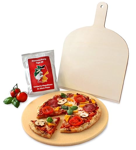 Vesuvo V32001 Pizzastein- / Brotbackbackstein Set für Backofen und Grill / rund 32cm / mit Pizzaschaufel und Pizzamehl