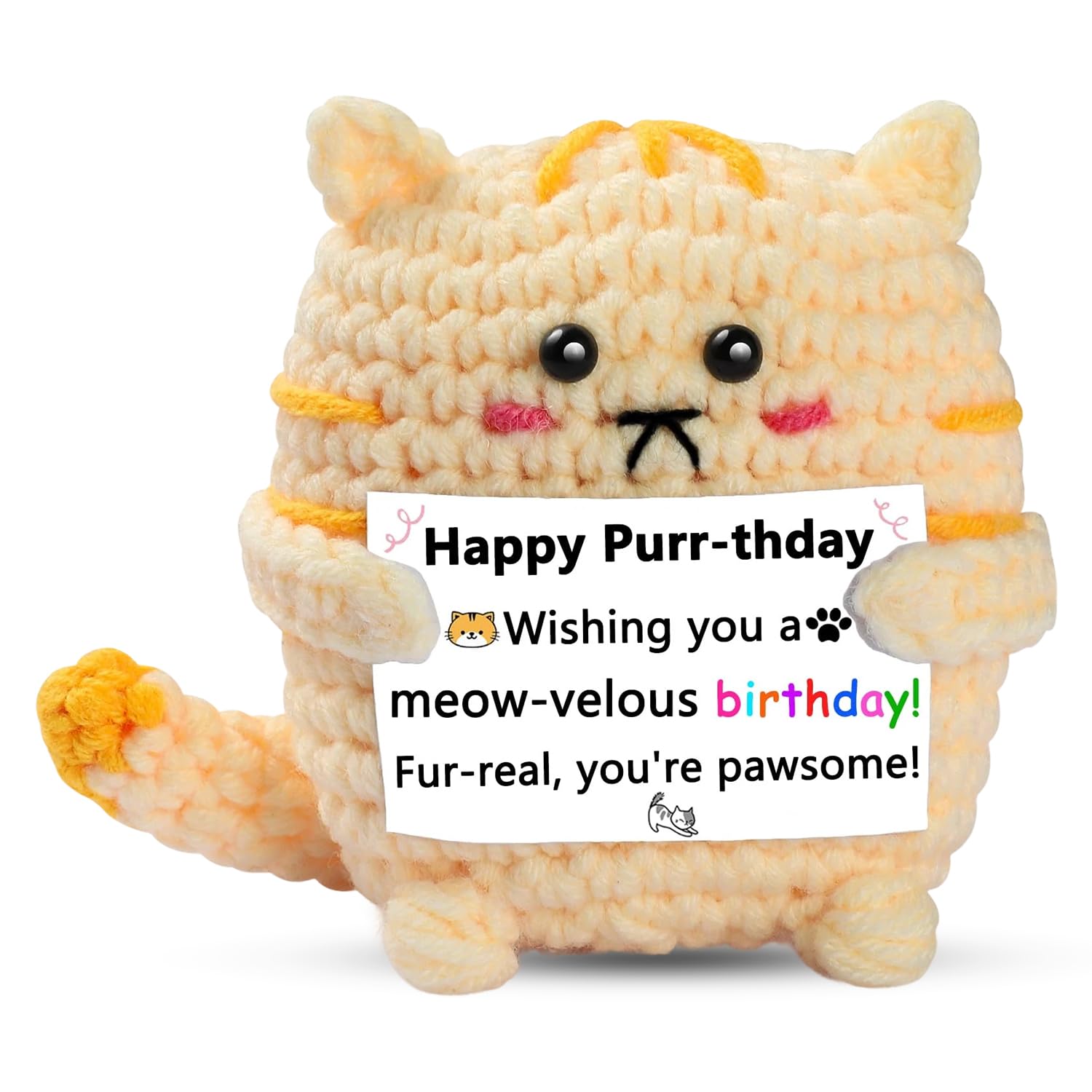 Dszemie Handmade Crochet Birthday Cat Decoration, Yarn Knitted Kitty Desktop Ornament,Emotional Support Gift for Birthday Valentine's Day, Collectible Figurine