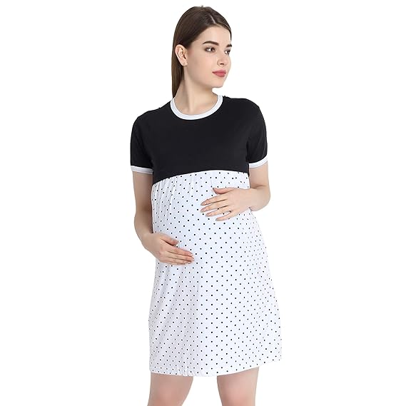 Women's Cotton Black & White Feeding Long top/Nursing/Maternity/Night Dress with Polka Dot Print Half Sleeve Breastfeeding Night Gown Baby Feeding Short Nighty