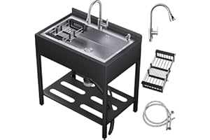 DEVLOUTT Stainless Steel Utility Sink, Free Stand Commercial Kitchen Single Bowl Sink with Pull-Out Cold & Hot Faucet, Utility Sink for Laundry Room, Kitchen (Silver, XL - 42''L x 23.5''W x 38''H)