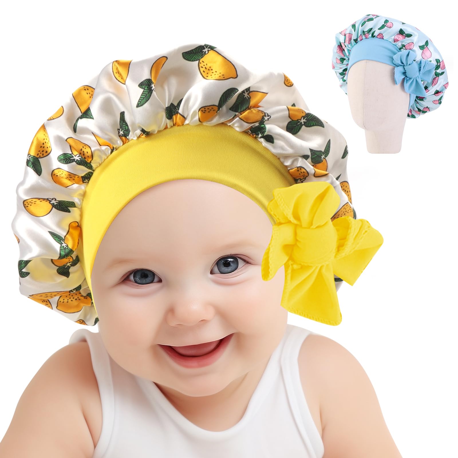 Adorila 2 Pack Satin Silk Bonnet Hair Cap for Kids, Adjustable Sleep Bonnet with Elastic Tie, Double Layer Night Hair Hats for Teens (Yellow, Blue)