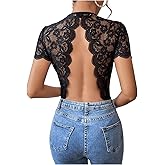 Verdusa Women's Lace Short Sleeve Bodysuit Backless Bodysuits Tummy Control Night Out Concent Outfits
