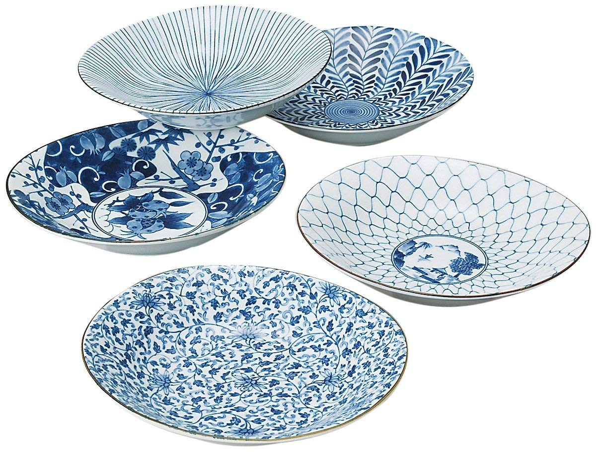 Saikai Pottery Traditional Japanese Ai-e (Ukiyo-e) Indigo Patterns Porcelain Plates (5 Plates Set) 31302 from Japan