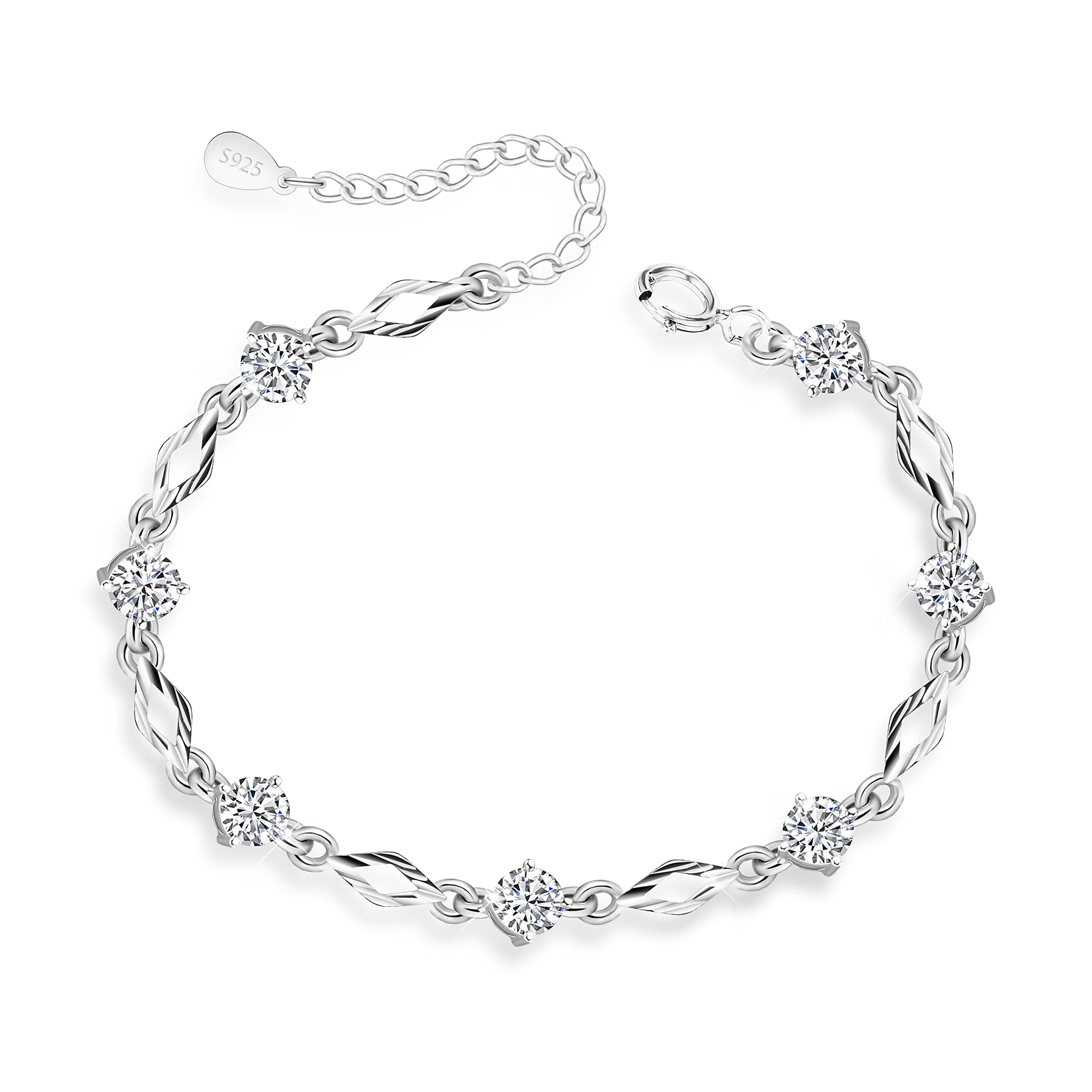KristLand 925 Sterling Silver Cubic Zirconia Bracelet - White Gold Plated Adjustable Hand Chain - Sparkly Anniversary Birthday Gifts for Women Ladies Girls