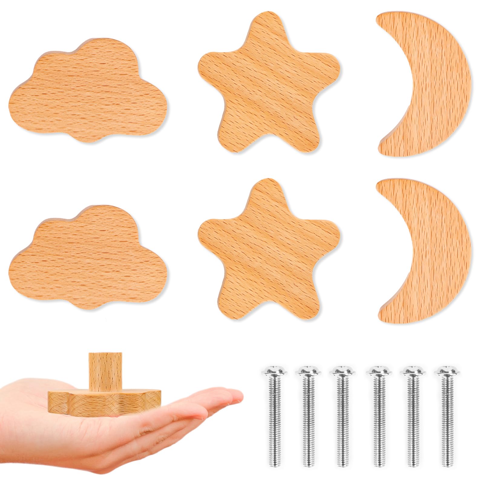 RUNEAY Children's Wooden Furniture Knobs, Pack of 6, Cabinet Knobs, Children's Wood with 30 mm Screws, Wooden Knobs for Children, Furniture Knobs, Stars, Moon, Clouds, Cupboard Knobs for Children's
