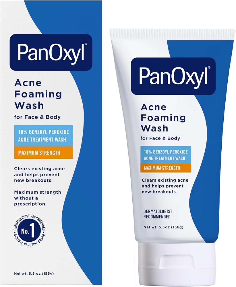 PanOxyl 10% Benzoyl Peroxide Acne Foaming Wash, Maximum Strength, Daily Acne-Fighting Face and Body Cleanser, Face Wash to Cl
