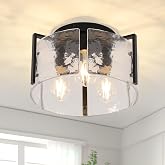 3-Light Semi Flush Mount Ceiling Light, Black With Hammered Glass Shade | 13.77'' Modern Bright Close to Ceiling Light Fixture for Hallway, Bedroom, Kitchen, Living Room, Entryway